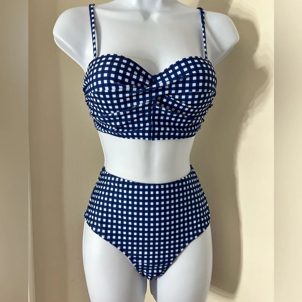 Blue Gingham Push Up High Waist Bikini Set